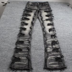 Guapi Jeans Mens 32 Flare Distressed Black Patchwork Stacked Hip Hop Streetwear